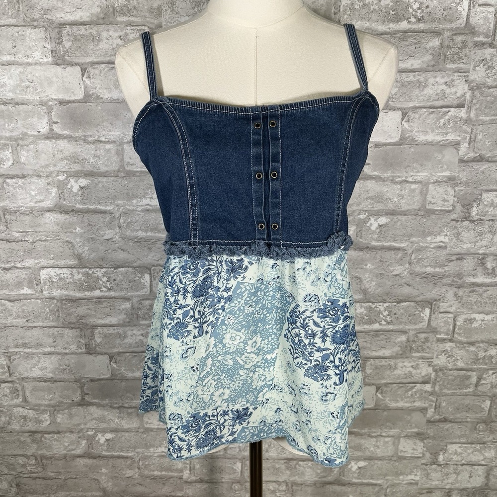 Y2K vintage Zoey Beth babydoll top Denim Frayed Corset Style Size Large
